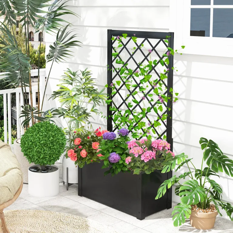 GOPLUS Blumenkasten mit Rankgitter, Hochbeet mit Spalier für Kletterpflanzen & Topfpflanzen, Tiefes Pflanzbeet mit Drainagelöchern für Balkon, Hinterhof & Garten (Schwarz, 63 x 31 x 112 cm) – Bild 4