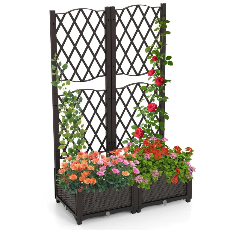 GOPLUS Blumenkasten mit Rankgitter, Hochbeet mit Spalier für Kletterpflanzen & Topfpflanzen, Tiefes Pflanzbeet mit Drainagelöchern für Balkon, Hinterhof & Garten (Schwarz, 63 x 31 x 112 cm) – Bild 7