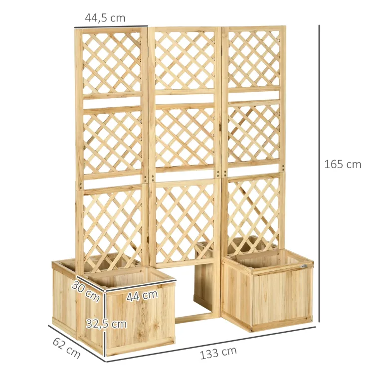 Outsunny Hochbeet mit Klappbarem Spalier, 133 x 165 cm Raumtrenner mit Sichtschutz, Pflanzkasten mit 4 Blumenkasten, Tannenholz Raumteiler für Balkon, Natur – Bild 7