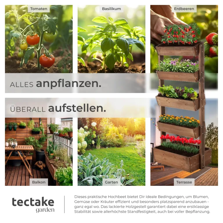 tectake® Vertikalbeet mit 5 Etagen, Hochbeet aus Holz, Pflanztreppe, Hochbeet Balkon, Blumenbeet, Kräuterbeet, Gemüsebeet, Pflanzenregal, Blumenkasten Holz mit Pflanzvlies - braun, 81 x 52 x 180 cm – Bild 5