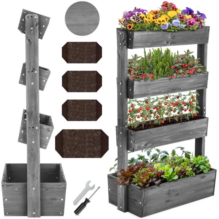 tectake® Vertikalbeet mit 5 Etagen, Hochbeet aus Holz, Pflanztreppe, Hochbeet Balkon, Blumenbeet, Kräuterbeet, Gemüsebeet, Pflanzenregal, Blumenkasten Holz mit Pflanzvlies - braun, 81 x 52 x 180 cm – Bild 10