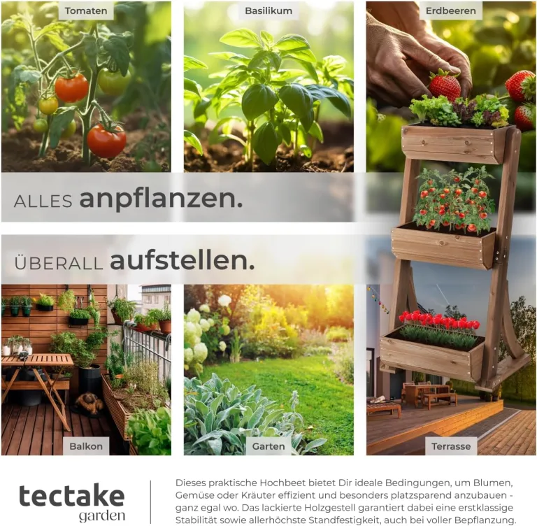 tectake® Vertikalbeet mit 3 Etagen, Hochbeet aus Holz, Pflanztreppe, Hochbeet Balkon, Blumenbeet, Kräuterbeet, Gemüsebeet, Pflanzenregal, Blumenkasten Holz mit Pflanzvlies - braun, 60 x 49 x 140 cm – Bild 6
