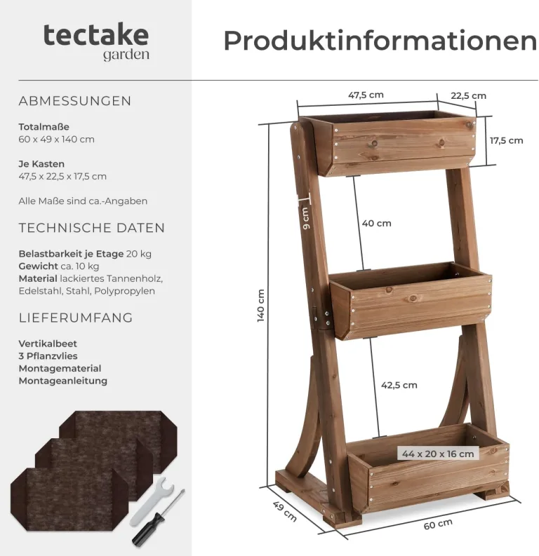tectake® Vertikalbeet mit 3 Etagen, Hochbeet aus Holz, Pflanztreppe, Hochbeet Balkon, Blumenbeet, Kräuterbeet, Gemüsebeet, Pflanzenregal, Blumenkasten Holz mit Pflanzvlies - braun, 60 x 49 x 140 cm – Bild 7