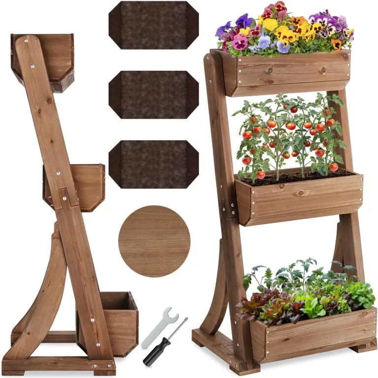 tectake® Vertikalbeet mit 3 Etagen, Hochbeet aus Holz, Pflanztreppe, Hochbeet Balkon, Blumenbeet, Kräuterbeet, Gemüsebeet, Pflanzenregal, Blumenkasten Holz mit Pflanzvlies - braun, 60 x 49 x 140 cm – Bild 1