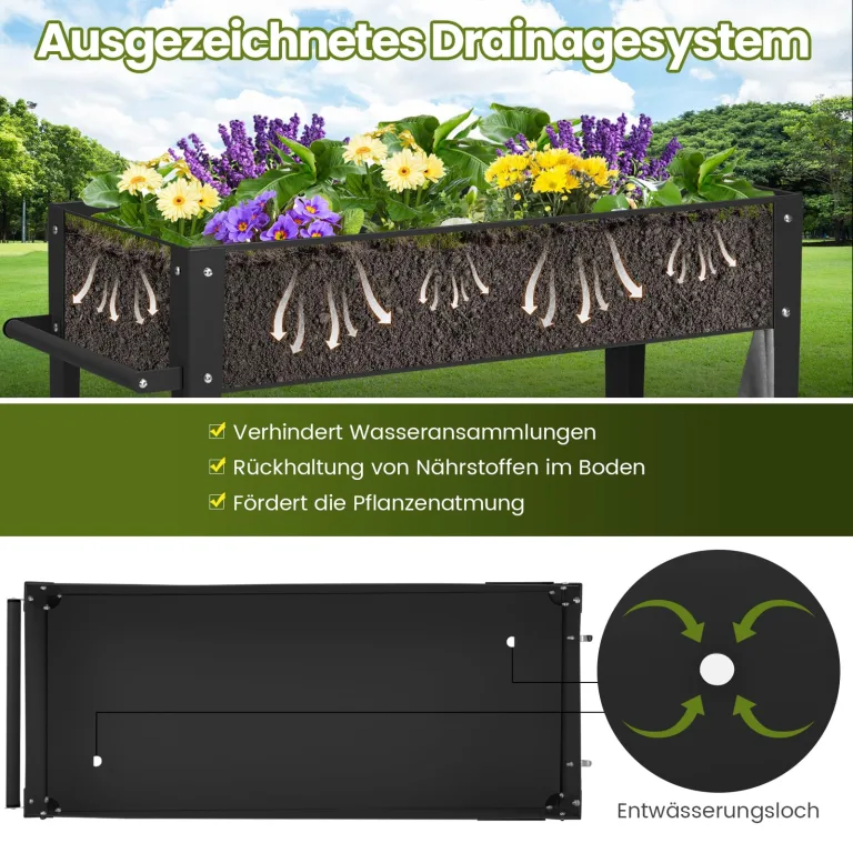 COSTWAY Hochbeet Metall, Erhöhtes Gartenbeet mit 2 Rollen & Ablage, Pflanzkasten mit Haken & Griff, Kräuterbeet Gemüsebeet groß, für Balkon Garten Terrasse, 95 x 40 x 80 cm (Schwarz) – Bild 5