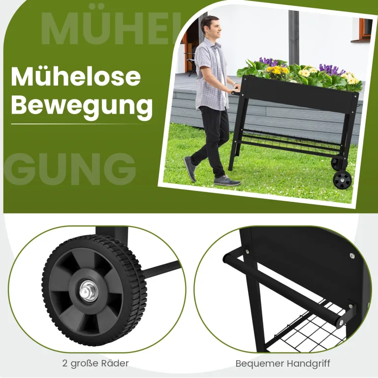 COSTWAY Hochbeet Metall, Erhöhtes Gartenbeet mit 2 Rollen & Ablage, Pflanzkasten mit Haken & Griff, Kräuterbeet Gemüsebeet groß, für Balkon Garten Terrasse, 95 x 40 x 80 cm (Schwarz) – Bild 7