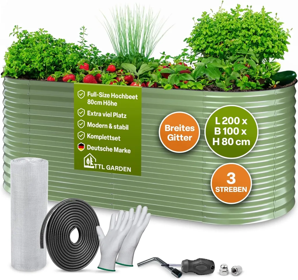 TTL GARDEN 200x100x80cm Inspire L Salbei Metall Hochbeet - Stahl rostfrei verzinkt & grün lackiert Wellblech sehr stabil Garten Beet Form oval für Gemüse Kräuter Blumen Gartenbeet Gemüsebeet