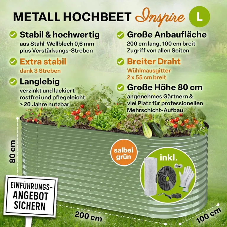 TTL GARDEN 200x100x80cm Inspire L Salbei Metall Hochbeet - Stahl rostfrei verzinkt & grün lackiert Wellblech sehr stabil Garten Beet Form oval für Gemüse Kräuter Blumen Gartenbeet Gemüsebeet – Bild 3