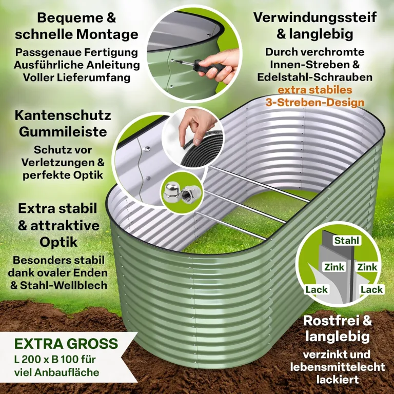 TTL GARDEN 200x100x80cm Inspire L Salbei Metall Hochbeet - Stahl rostfrei verzinkt & grün lackiert Wellblech sehr stabil Garten Beet Form oval für Gemüse Kräuter Blumen Gartenbeet Gemüsebeet – Bild 4