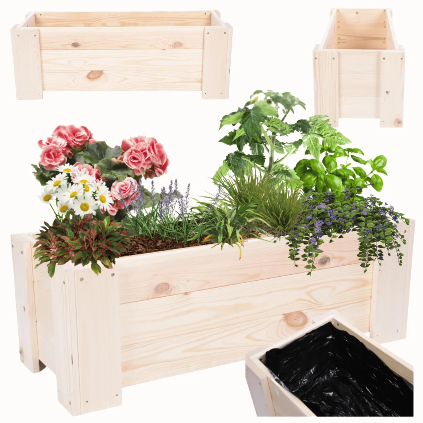 Pflanzkübel aus Holz, Hochbeet mit Schutzfolie, Kiefernholz Pflanzkasten Blumenkasten für Outdoor Garten Terrasse Balkon, Natürlich, Stabil & Dekorativ, 30x90x33 cm Farbe: Natur unbehandelt - Bild 1