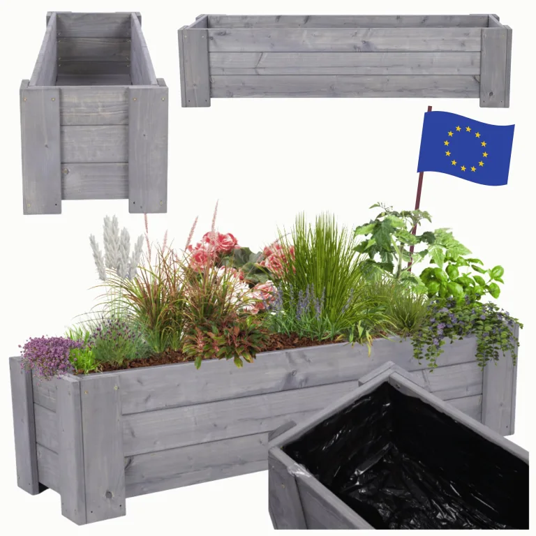 Pflanzkübel aus Holz, Hochbeet mit Schutzfolie, Kiefernholz Pflanzkasten Blumenkasten für Outdoor Garten Terrasse Balkon, Wetterfest, Stabil & Dekorativ, 30x137x33 cm Farbe: Grau imprägniert – Bild 1
