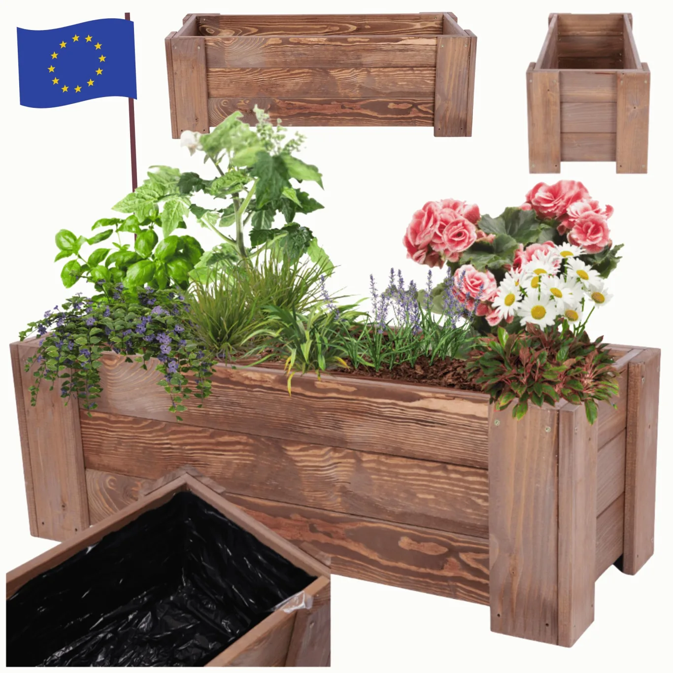 Pflanzkübel aus Holz, Hochbeet mit Schutzfolie, Kiefernholz Pflanzkasten Blumenkasten für Outdoor Garten Terrasse Balkon, Wetterfest, Stabil & Dekorativ, 30x60x33 cm Farbe: Braun imprägniert - Bild 1