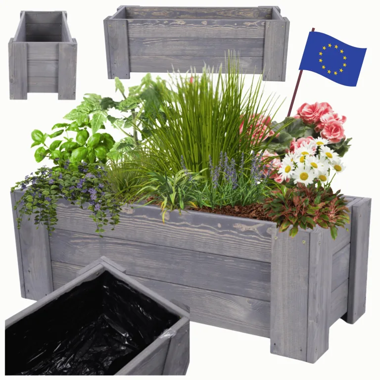 Pflanzkübel aus Holz, Hochbeet mit Schutzfolie, Kiefernholz Pflanzkasten Blumenkasten für Outdoor Garten Terrasse Balkon, Wetterfest, Stabil & Dekorativ, 30x90x33 cm Farbe: Grau imprägniert – Bild 1