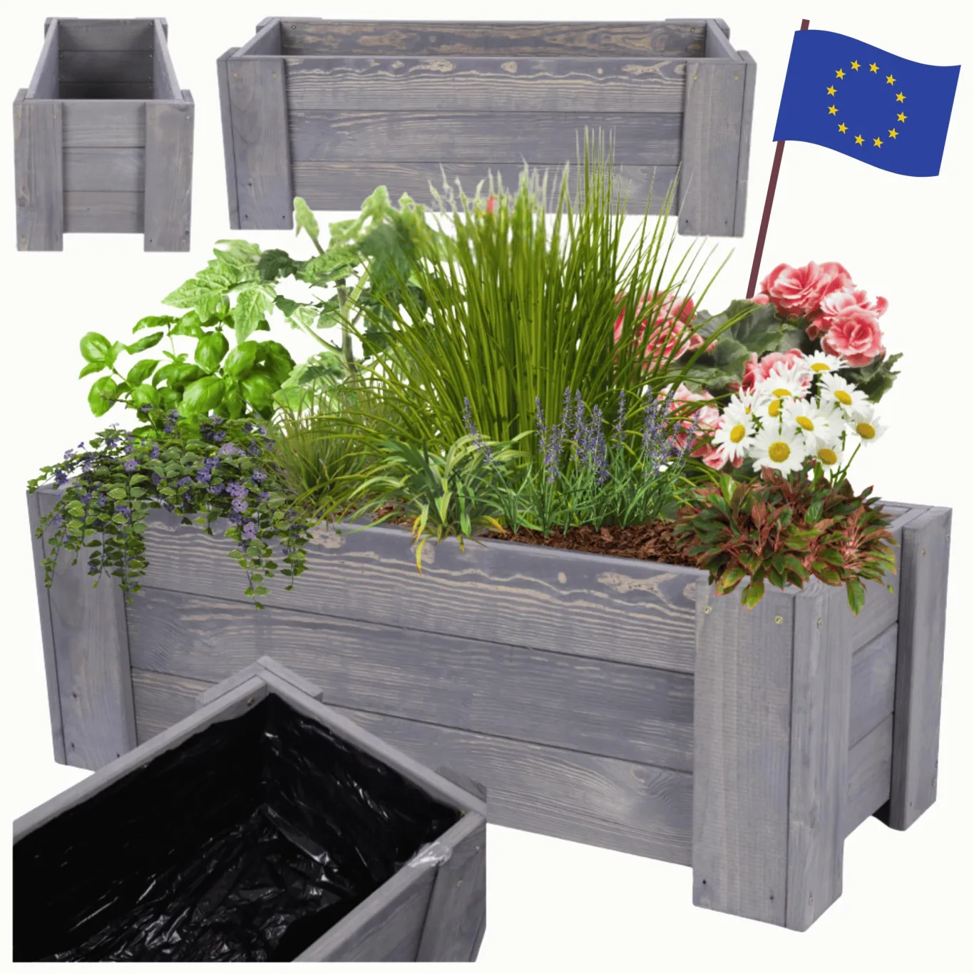 Pflanzkübel aus Holz, Hochbeet mit Schutzfolie, Kiefernholz Pflanzkasten Blumenkasten für Outdoor Garten Terrasse Balkon, Wetterfest, Stabil & Dekorativ, 30x60x33 cm Farbe: Grau imprägniert - Bild 1