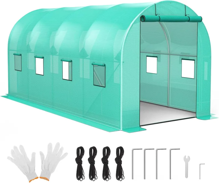 Gewächshaus, 210x450x210cm Foliengewächshaus mit Stahlfundament, 2 Tür und 8 Fenstern, Folientunnel aus verzinktem Stahl mit Erdanker & verstärkte Gitterschutzfolie, Winterfest für Tomaten & Co. – Bild 1