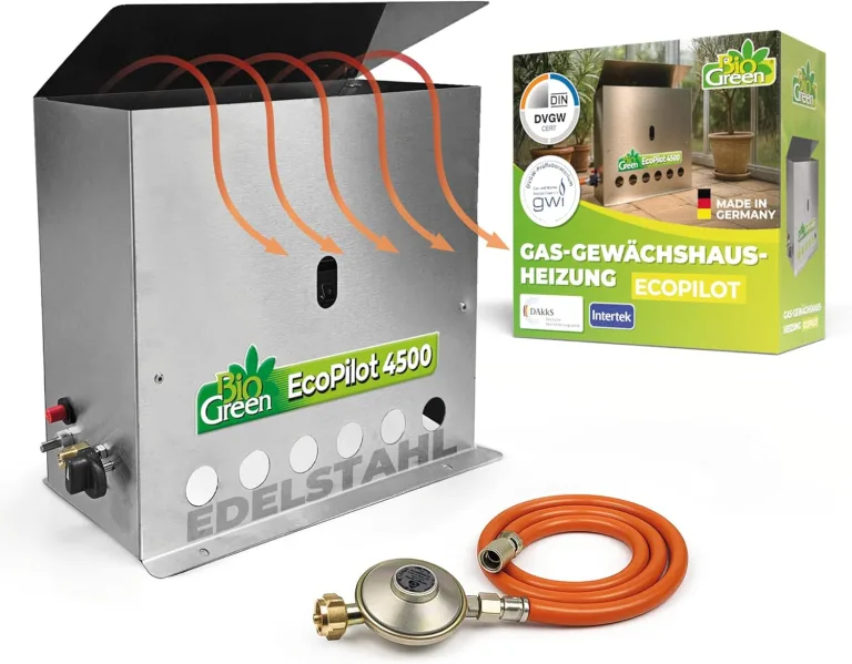 Bio Green Gas-gewächshausheizung EcoPilot, 4500 Watt, Silber, Thermostat-Regelbereich: 0° – 20° C, Edelstahl, Outdoor, Gas, 38x17x40 cm, für Gewächshäuser bis 22m², Bodenmontage – Bild 1