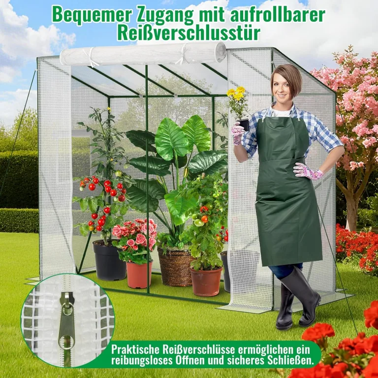 Velway Tomaten Gewächshaus Foliengewächshaus Stabil - 208x81x170/141cm Winterfest Tomatenhaus Schrägdach Garten Treibhaus mit PE Gitterfolie, Belüftungsfenster, Erdanker und Winddichten Seile - Weiß – Bild 5