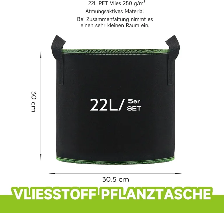 5 Stück 22L Vliesstoff Pflanzsack mit Griffe - Wiederverwendbare Pflanztasche für Tomaten, Kartoffeln, Erdbeeren, Gemüse, Blumen - Geeignet für Garten, Gewächshaus, Balkon, Terrasse – Bild 3