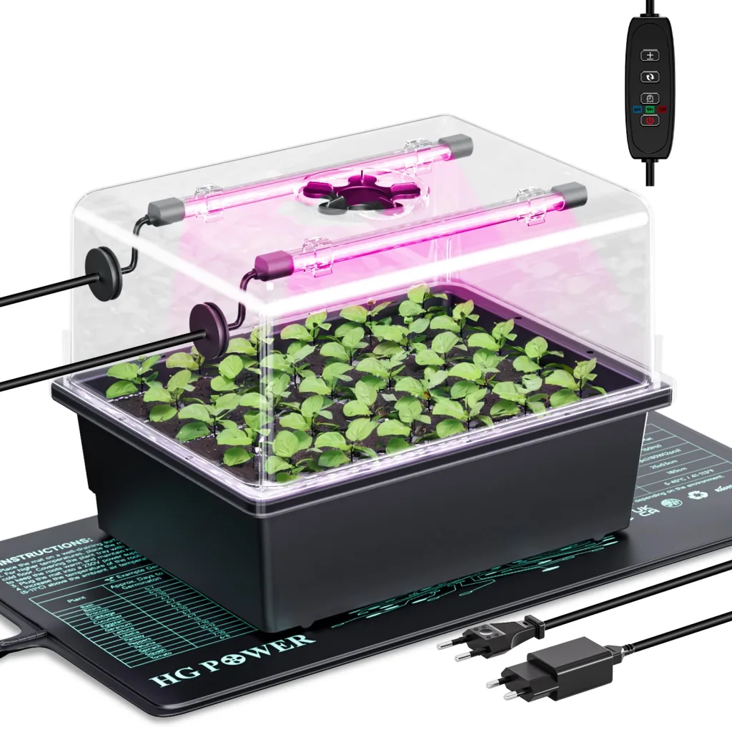 HG Power 55w Heizmatte Pflanzen Anzuchtkasten Opt. mit LED Pflanzenlampe Zimmergewächshaus mit 30 Zellen und Anzuchthaube, für Sämlinge, Gemüse & Kräuter – Opt. B Tray + LED + MAT