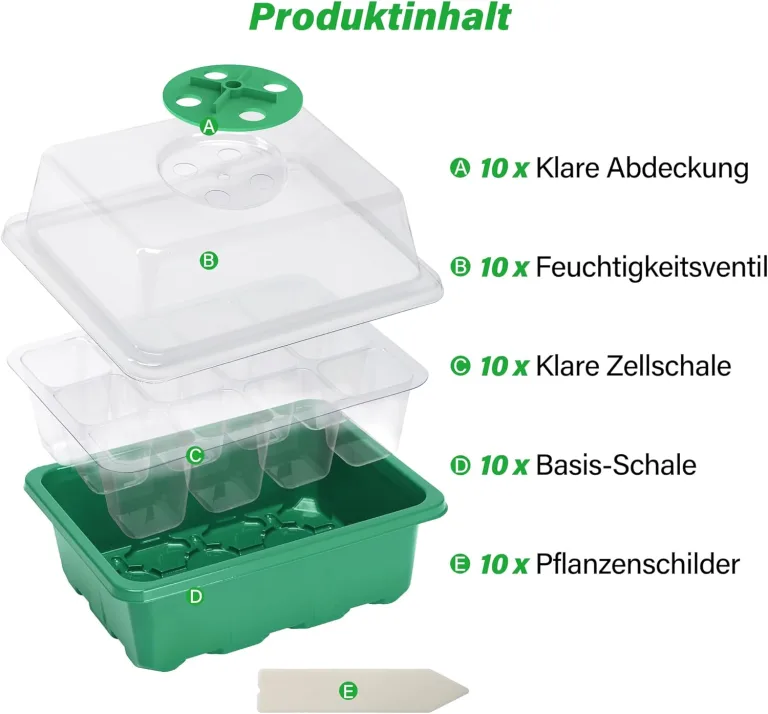 Bonviee Zimmergewächshaus Anzuchtkasten anzuchttöpfe, 10 Stück 120 Zellen Mini Gewächshaus Klein Anzuchtset Anzuchtplatte Anzuchtschale mit Belüftung und Bruchsicherer Deckel für Sämling Pflanze, Grün – Bild 4