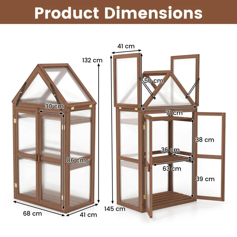 HOMASIS Gewächshaus mit 3 Ablagen, Anlehngewächshaus Tomaten mit 2 Türen & Oberlicht, Holz Frühbeet Pflanzenhaus Winterfest klein, Teibhaus Gartenhaus für Garten & Balko (Braun, 71x41x145cm) – Bild 4