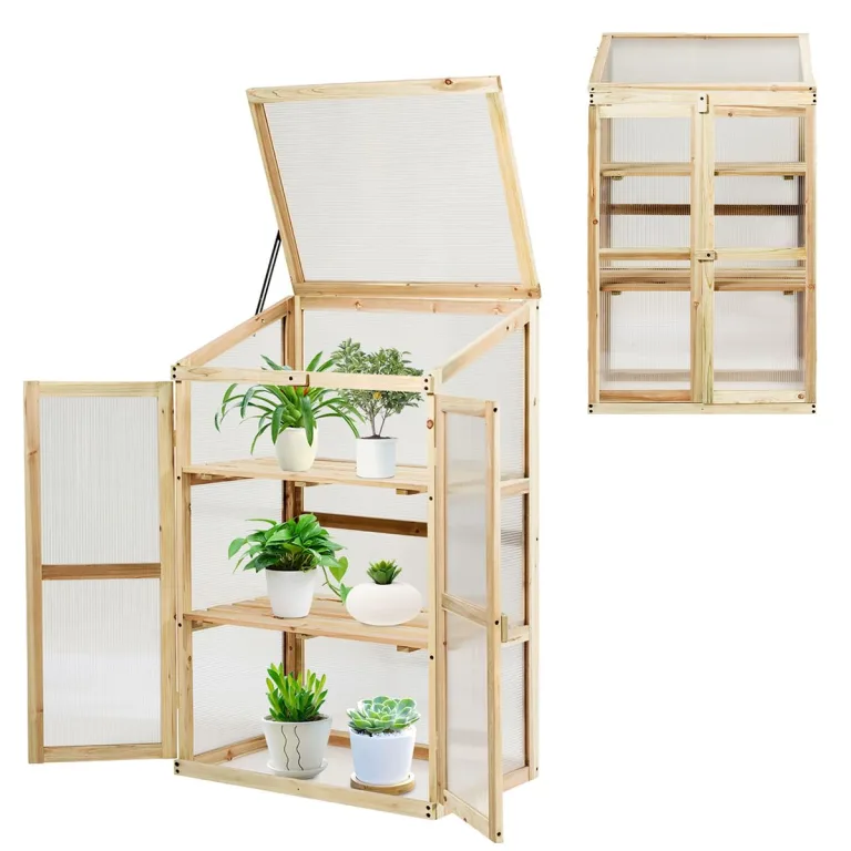 HOMASIS Gewächshaus mit 3 Ablagen, Anlehngewächshaus Tomaten mit 2 Türen & Oberlicht, Holz Frühbeet Pflanzenhaus Winterfest klein, Teibhaus Gartenhaus für Garten & Balko (Braun, 71x41x145cm) – Bild 8