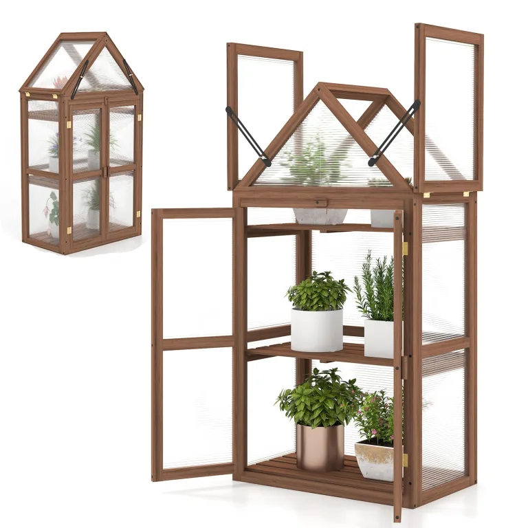 HOMASIS Gewächshaus mit 3 Ablagen, Anlehngewächshaus Tomaten mit 2 Türen & Oberlicht, Holz Frühbeet Pflanzenhaus Winterfest klein, Teibhaus Gartenhaus für Garten & Balko (Braun, 71x41x145cm) – Bild 1