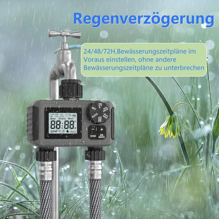 HITRENDS Bewässerungscomputer 2 Ausgänge, Großem LED-Display, Bewässerungs-Timer mit Regenverzögerung/manueller Übersteuerung/Wasserhahn-Timer, geeignet für Gärten, Rasenflächen und Topfpflanzen. – Bild 5