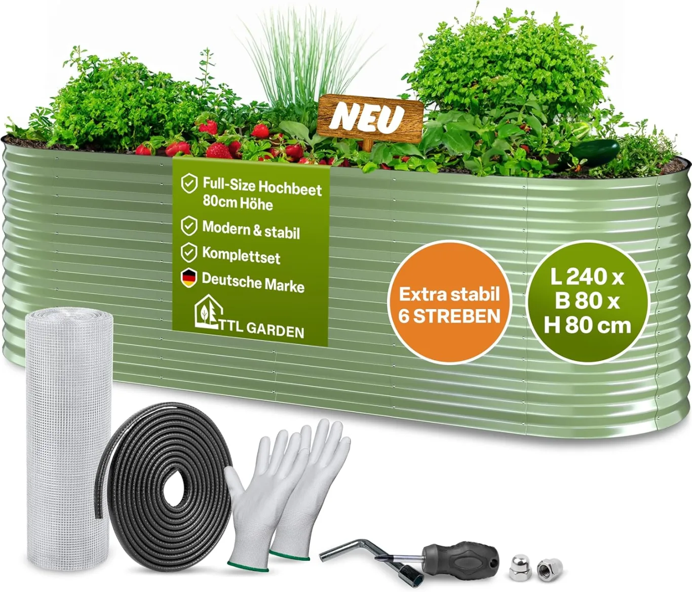 TTL GARDEN 240x80x80cm Nature L Metall Hochbeet Salbei Grün - Stahl rostfrei verzinkt & lackiert Wellblech oval 80cm hoch sehr stabil Garten Beet für Gemüse Kräuter Blumen Gartenbeet Gemüsebeet - Bild 1
