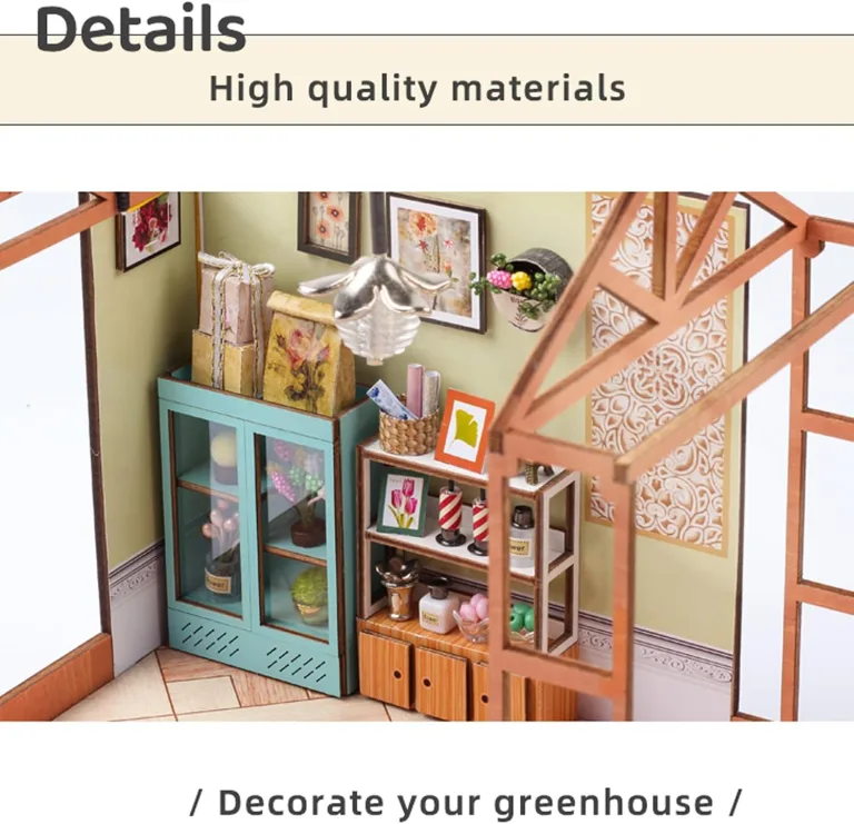Miniaturhaus Bausatz,Gewächshaus Modell mit Möbeln und Werkzeugkleber | Handgemachtes Gewächshaus aus Holz für Bastelprojekte | Deko für Zuhause und Wohnraum – Bild 8