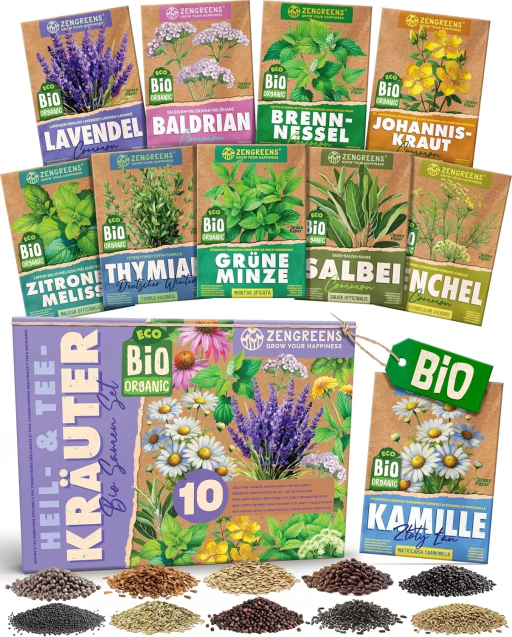 Bio Heil- und Teekräutersamen im 10er Set - 10 Heil- und Tee Kräuter Samen für den einfachen Anbau im Garten, Balkon oder Hochbeet - Pflanzensamen - Saatgut