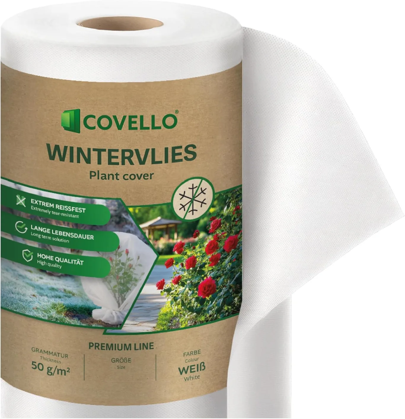 Covello Wintervlies für Pflanzen – Frostschutz 50g/m² – 300m x 1,6m = 480m²– Gartenvlies Winterschutz für Kübelpflanzen – Reißfest & UV-stabil – Winterschutzvlies Pflanzen außen Frostschutzvlies - Bild 1