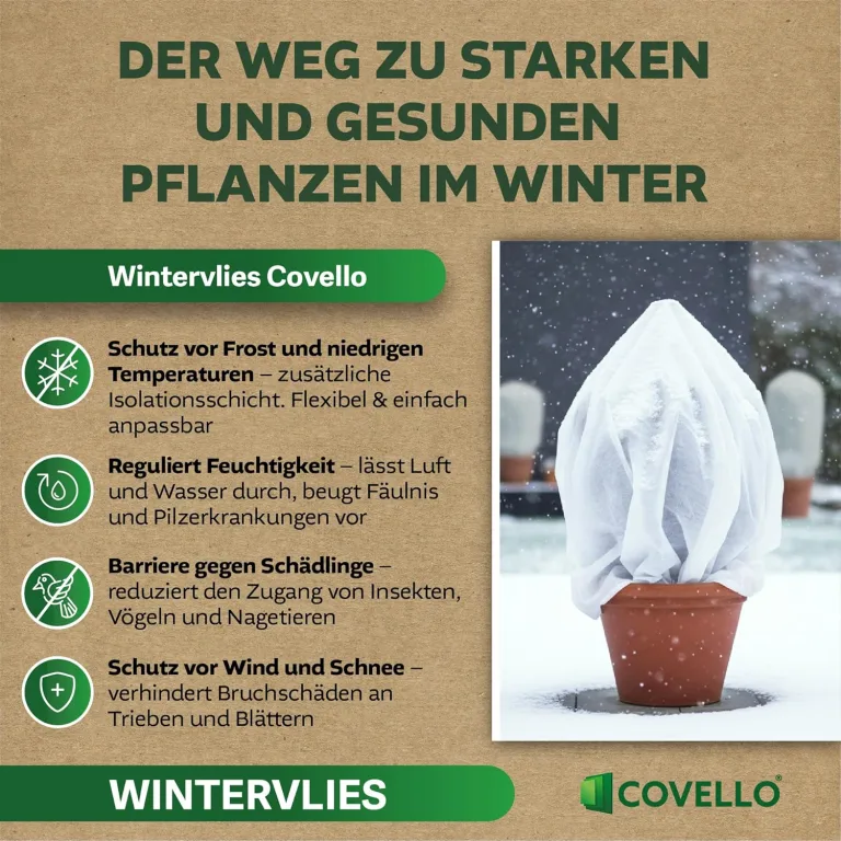 Covello Winterschutz für Kübelpflanzen – Wintervlies 50g/m² – Hohe UV-Beständigkeit & Atmungsaktiv – reißfestes Winterschutzvlies – Frostschutzvlies 8m² Gartenvlies Winterschutz Pflanzen 5m x 1,6m – Bild 6
