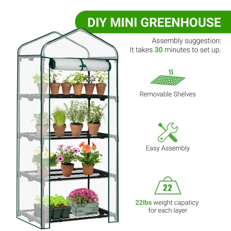 LEADZM Gewächshaus mit UV-beständiger PE-Gitterfolie，4 Metallablagegittern, Sturm-Winterfest, Schutz vor Kälte,Frost, Anzucht für Tomaten & Pflanzen, Balkon Garten (Transparent, 69 x 48 x 157 cm) – Bild 3