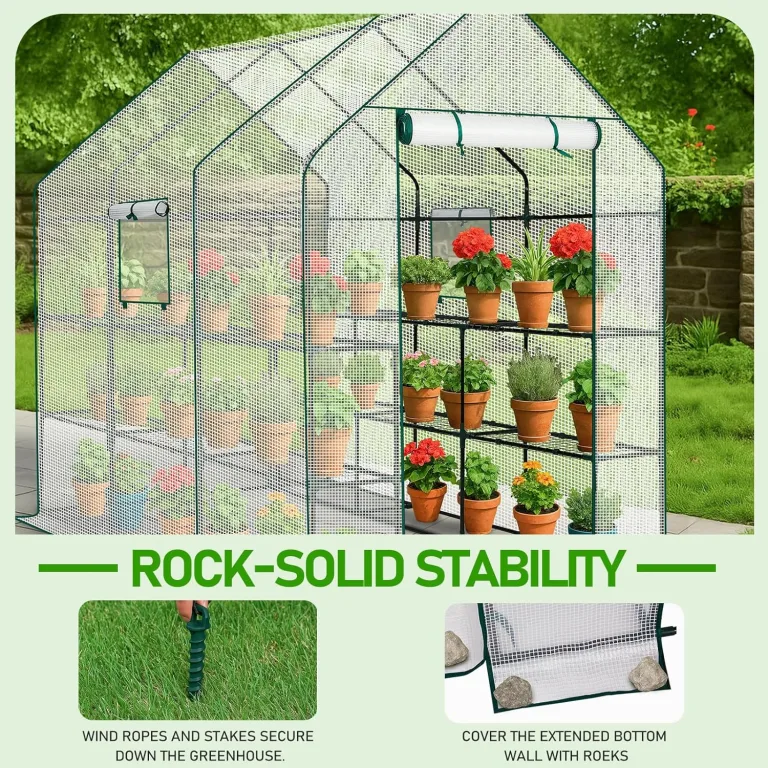 LEADZM Gewächshaus mit UV-beständiger PE-Gitterfolie，12 Metallablagegittern, Sturm-Winterfest, Schutz vor Kälte,Frost, Anzucht für Tomaten & Pflanzen, Balkon Garten (Transparent, 142 x 216 x 196 cm) – Bild 4