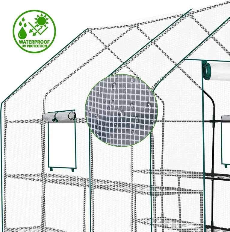 LEADZM Gewächshaus mit UV-beständiger PE-Gitterfolie，12 Metallablagegittern, Sturm-Winterfest, Schutz vor Kälte,Frost, Anzucht für Tomaten & Pflanzen, Balkon Garten (Transparent, 142 x 216 x 196 cm) – Bild 5