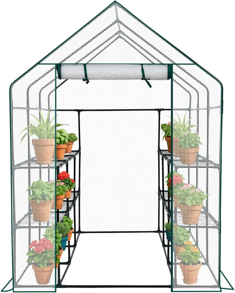 LEADZM Gewächshaus mit UV-beständiger PE-Gitterfolie，12 Metallablagegittern, Sturm-Winterfest, Schutz vor Kälte,Frost, Anzucht für Tomaten & Pflanzen, Balkon Garten (Transparent, 142 x 216 x 196 cm) – Bild 8