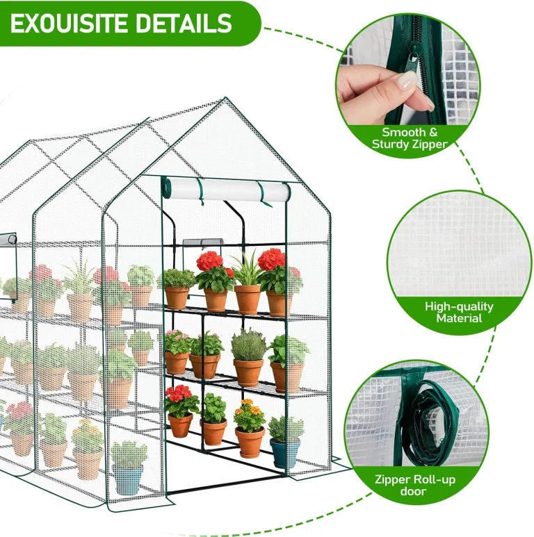 LEADZM Gewächshaus mit UV-beständiger PE-Gitterfolie，12 Metallablagegittern, Sturm-Winterfest, Schutz vor Kälte,Frost, Anzucht für Tomaten & Pflanzen, Balkon Garten (Transparent, 142 x 216 x 196 cm) – Bild 2