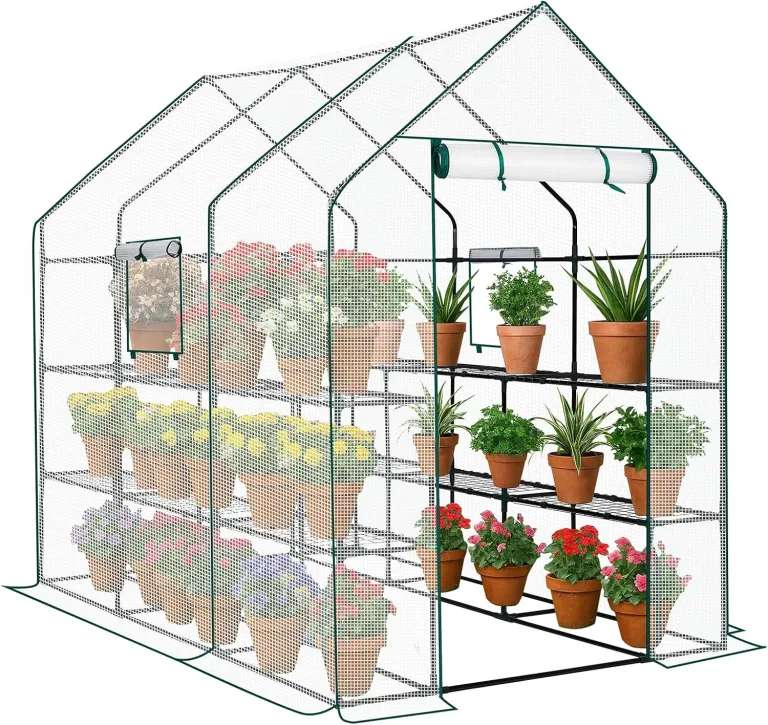 LEADZM Gewächshaus mit UV-beständiger PE-Gitterfolie，12 Metallablagegittern, Sturm-Winterfest, Schutz vor Kälte,Frost, Anzucht für Tomaten & Pflanzen, Balkon Garten (Transparent, 142 x 216 x 196 cm) – Bild 1