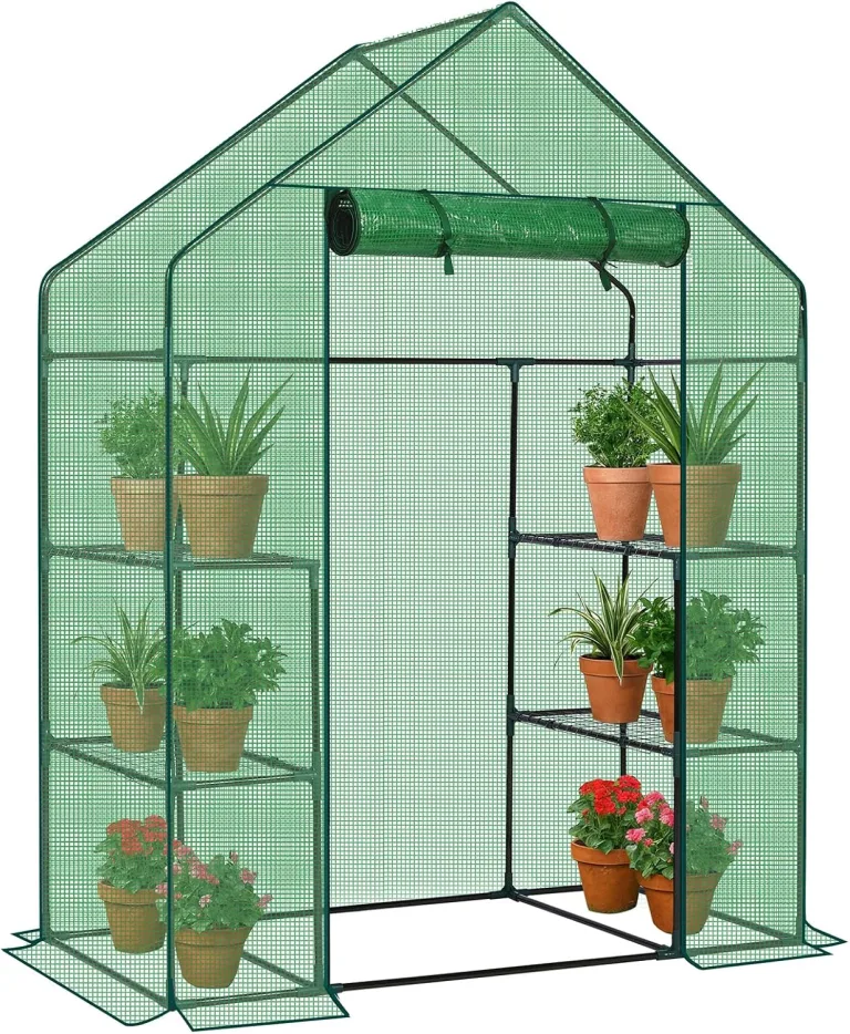 LEADZM Gewächshaus mit UV-beständiger PE-Gitterfolie，4 Metallablagegittern, Sturm-Winterfest, Schutz vor Kälte,Frost, Anzucht für Tomaten & Pflanzen, Balkon Garten (Grün, 142 x 74 x 196 cm) – Bild 1