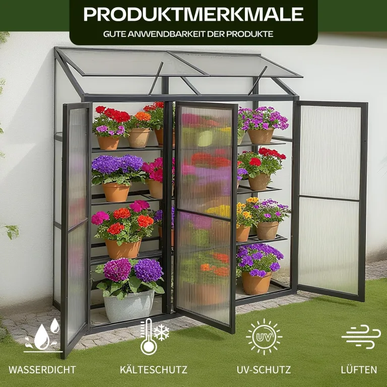 Anlehngewächshaus Aluminium Beistell-Gewächshaus (Schwarz) – 180x54x190cm, 3 Türen & 2 Oberlicht, geeignet für Zitronenbaum-Töpfe, Chrysanthemen & weitere Pflanzen, Greenhouse – Bild 8