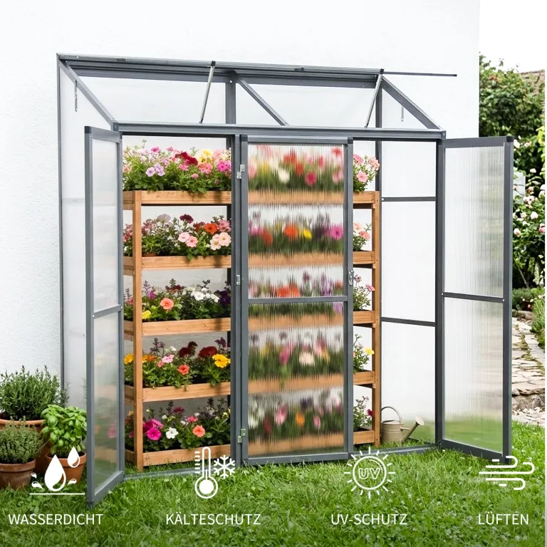 Anlehngewächshaus Aluminium Beistell-Gewächshaus (Grau) – 180x55x190cm, 3 Türen & 2 Oberlicht, geeignet für Zitronenbaum-Töpfe, Chrysanthemen & weitere Pflanzen, Greenhouse – Bild 2