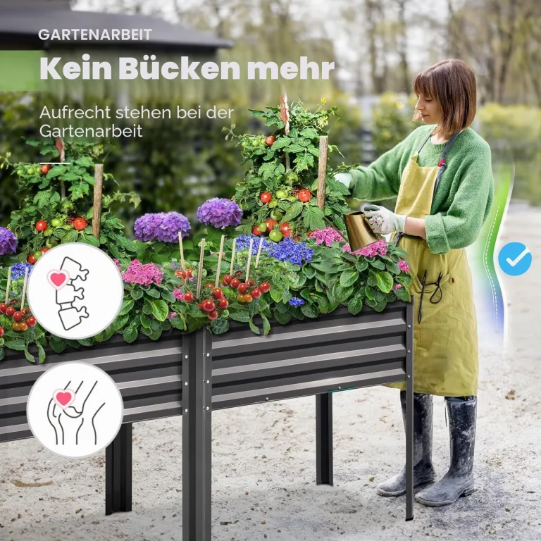 KING BIRD Hochbeet mit Bewässerungssystem und Beinen, verzinkter, erhöhter Pflanzkasten für Hinterhof, Terrasse, Balkon, 272 kg Kapazität, Dunkelgrau, 180 x 58 x 80 cm – Bild 5