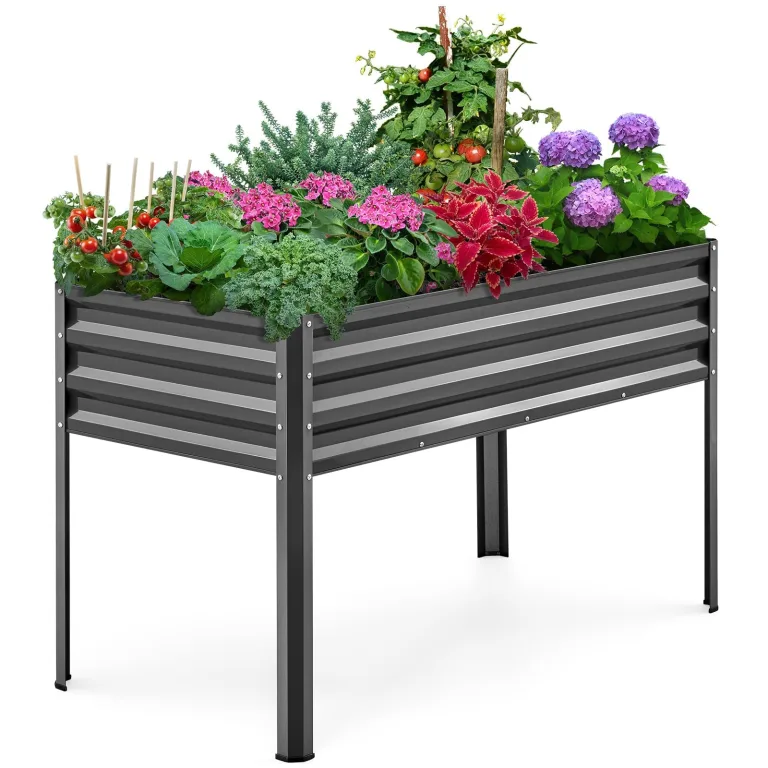 KING BIRD Hochbeet mit Bewässerungssystem und Beinen, verzinkter, erhöhter Pflanzkasten für Hinterhof, Terrasse, Balkon, 272 kg Kapazität, Dunkelgrau, 180 x 58 x 80 cm – Bild 10