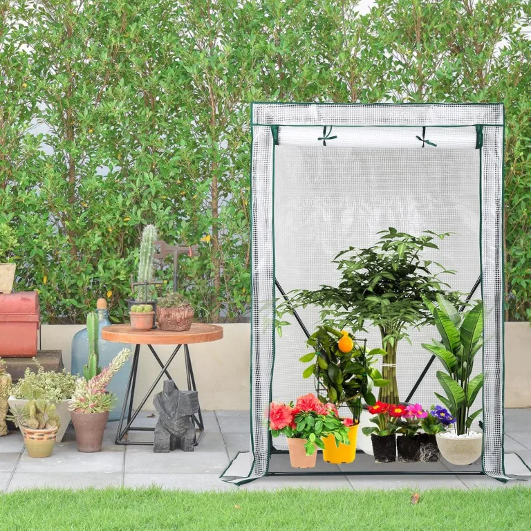 Gewächshaus, 100*50*150 cm Überwinterungszelt für Pflanzen, Foliengewächshaus mit Gitternetzfolie, Hochbeet mit Abdeckung, Anzuchthaus für Tomaten, Gemüse, Obst, Blumen, Garten, Balkon, Weiß – Bild 7