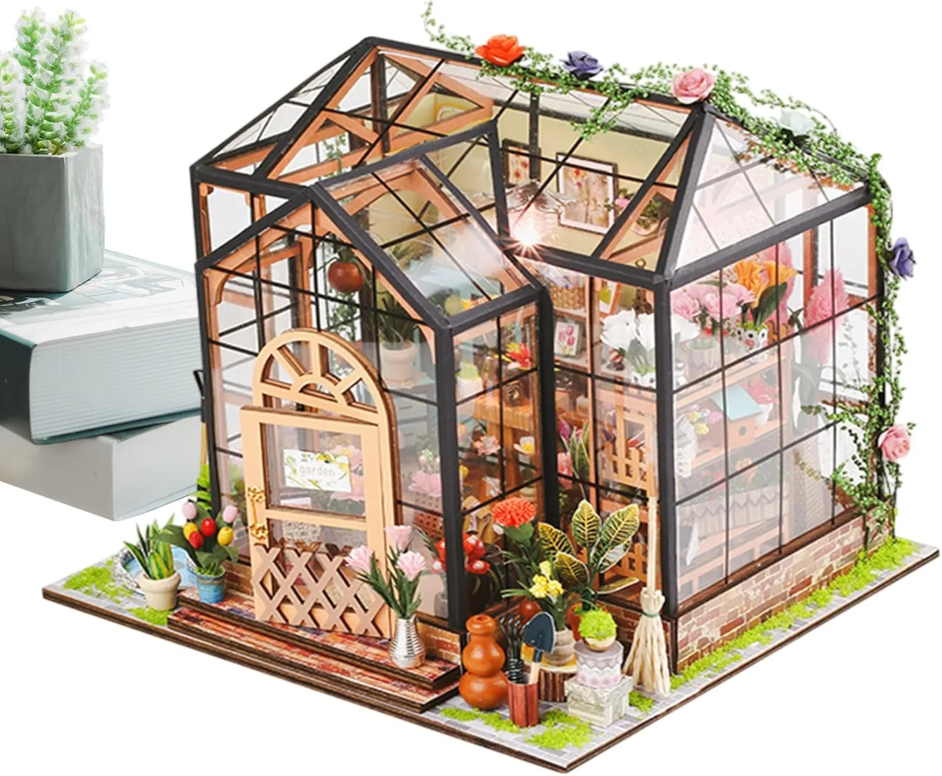 Miniatur Häuser Bastelset für Erwachsene | Gewächshaus Bauset mit Möbeln und Werkzeugkleber - Handgemachtes Gewächshaus aus Holz für Bastelprojekte - Deko Geschenk Geburtstag Weihnachten - Bild 1