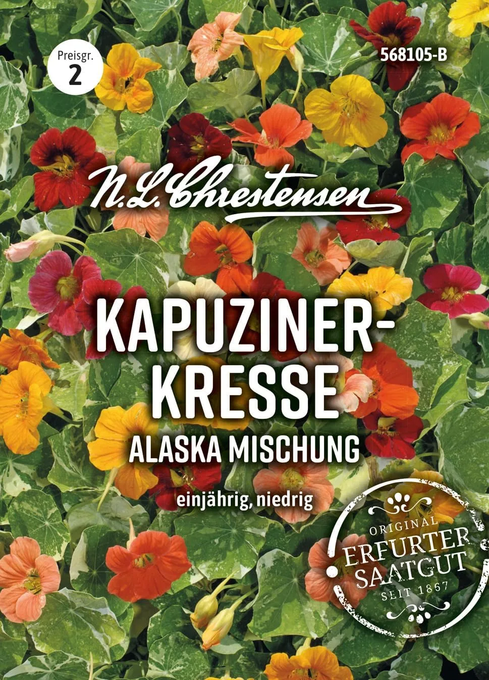 Chrestensen Kapuzinerkresse Alaska Mischung Samen - Pastellfarben weißbunte Blätter - Essbar Dauerblüher - Für Balkon Ampel Beet - Tropaeolum majus - Samenfest