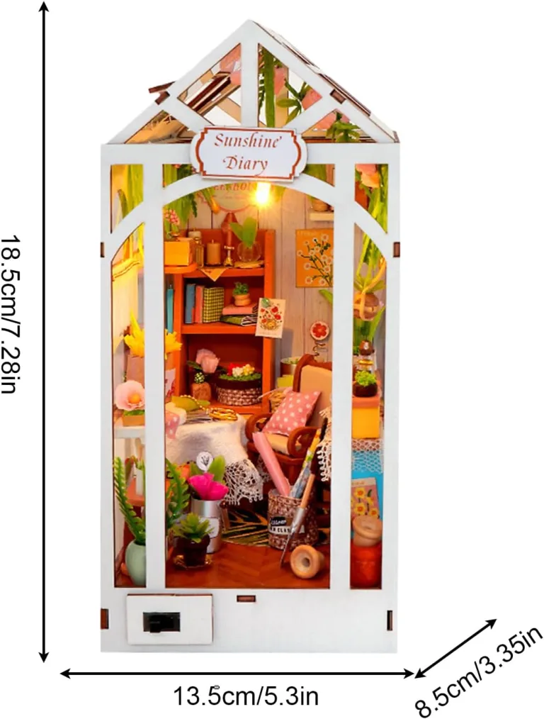 Bausatz für kleines Haus, Miniatur-Buchhaus aus Holz mit Gewächshaus – Innendekoration mit LED-Licht für Regal, Bibliothek, Büro, Klassenzimmer, Jugendliche und Erwachsene | – Bild 5