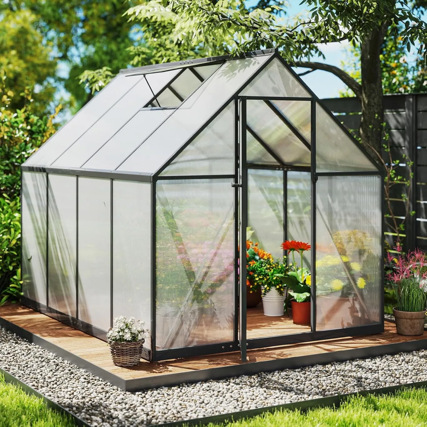 COSTWAY Gewächshaus mit Fundament, wetterfest aus Aluminimum, Treibhaus mit verstellbarem Dachfenster & Tür, 250 x 190 x 195 cm, Frühbeet und Pflanzenhaus für Tomaten Pflanzen, Outdoor Garten Balkon - Bild 1