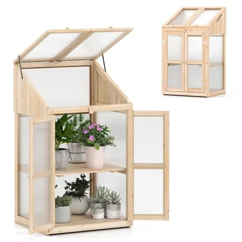 RELAX4LIFE 3 Etagen Frühbeet, Gewächshaus mit 3 Ablagen, Frühbeetkasten Holz Winterfest, Pflanzenbeet mit 2 Türen & Deckel, 69 x 58 x 121 cm, Treibhaus für Garten & Balkon – Bild 7